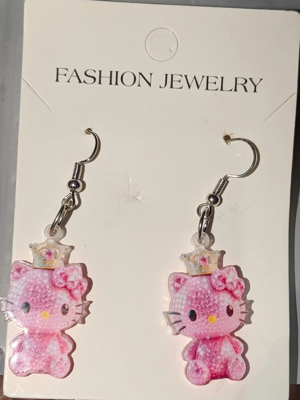 Hand Crafted Pink Kitty Crown Dangle Earrings - Picture 6 of 7